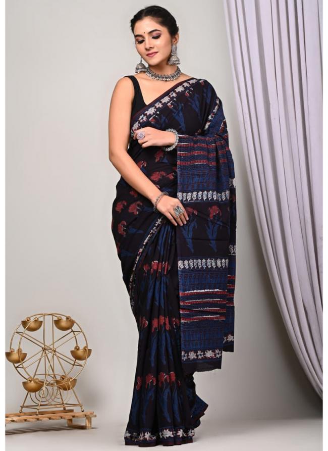 Cotton Blue Casual Wear Printed Saree